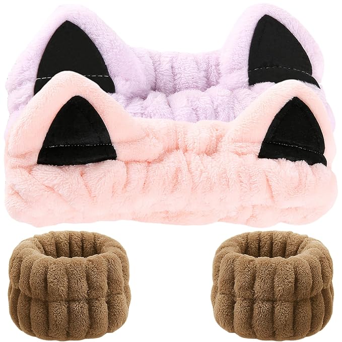 Cat Ears Headband, Cute Spa Headband and Wristband Set Washing Face Skincare by Waliah