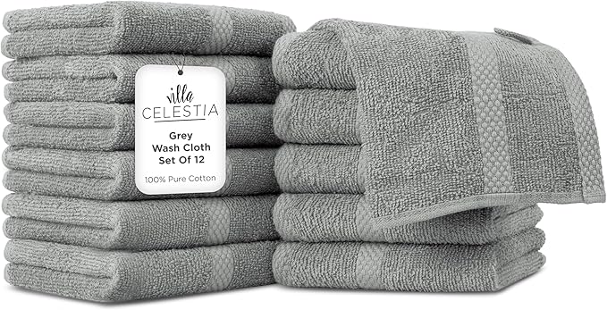 100% Cotton Wash Cloth for face & Body Set of 12, Sustainable, Highly Absorbent by VillaCelestia