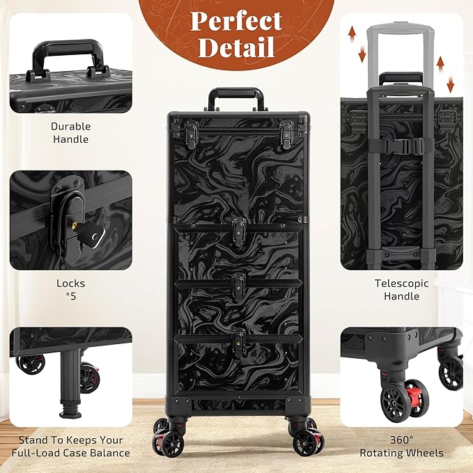 Rolling Makeup Train Case with 3 Drawers, Nail Trolley Cart Salon Station - Image 7