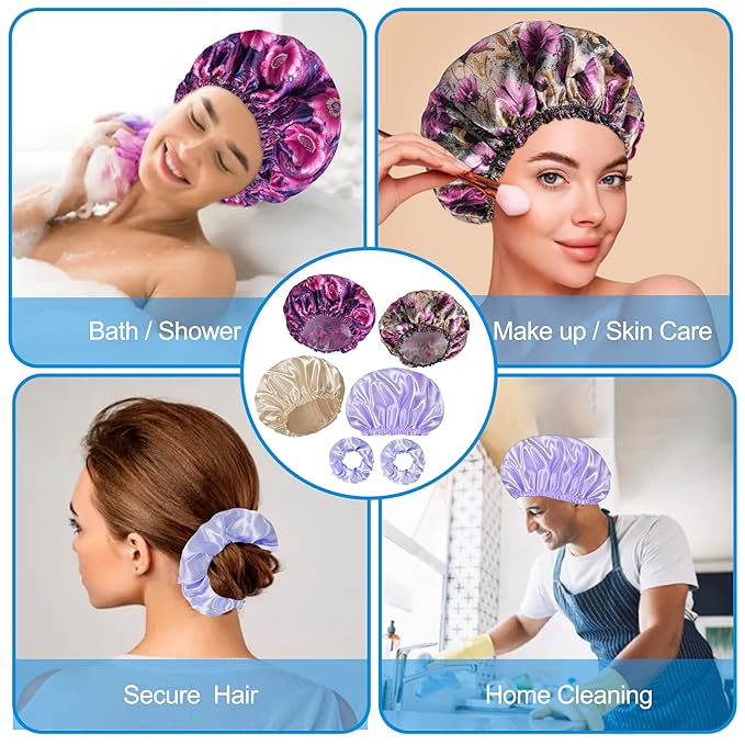 Shower Cap for Women Set of 4, Bath Caps, Double Layers Hair Caps + 4 Satin - Image 2