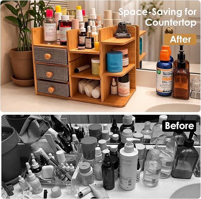 Large Makeup Organizer For Vanity, Large Capacity 3 Tiers Bamboo Bathroom - Image 5