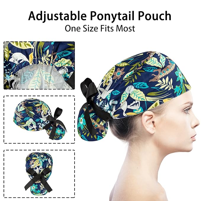 Scrub Caps Women Bouffant Scrub Caps, Adjustable Working Cap Ponytail Pouch Tie - Image 5