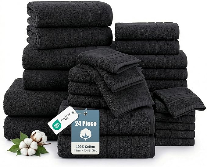 100% Mercerized Cotton Bath Towels Set of 24 by CasaPlatino