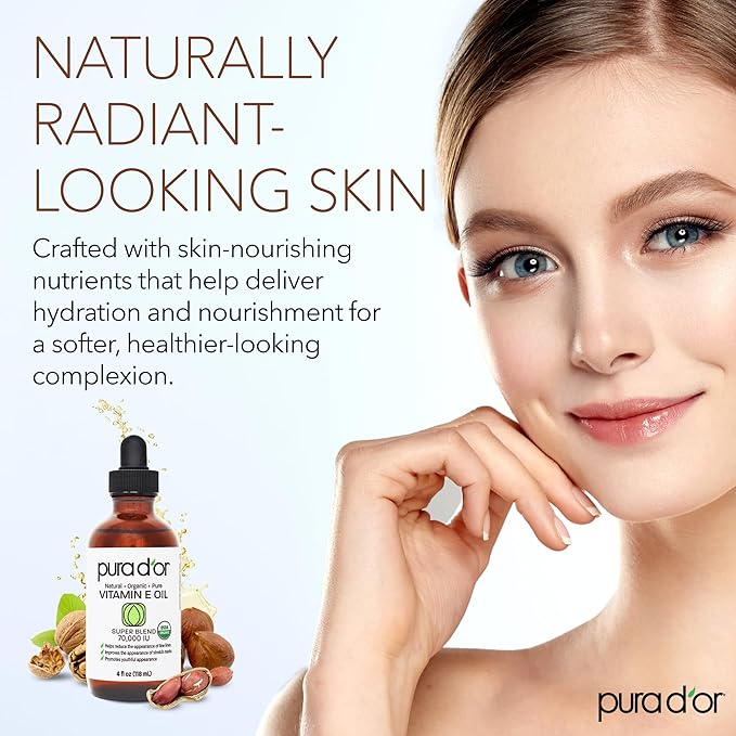 PURA D'OR 4 Oz Organic Vitamin E Oil 70, 000 IU, USDA Certified Face, Hair & - Image 4