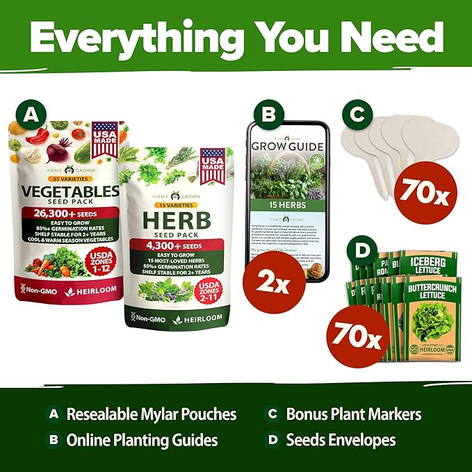 HOME GROWN 70 Variety Vegetable & Herb Seeds 32, 000+ USA Non-GMO Heirloom - Image 8