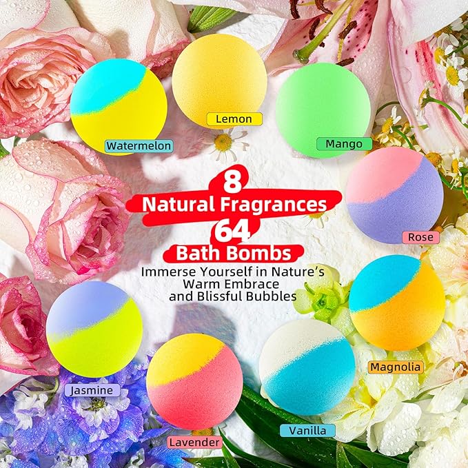 64 Pack Natural Bath Bombs Bulk Set – 8 Scents, Organic Ingredients, - Image 4