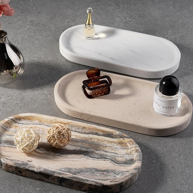 Koville White Marble Oval Tray for Bathroom Countertop, Stone Perfume Organizer - Image 8