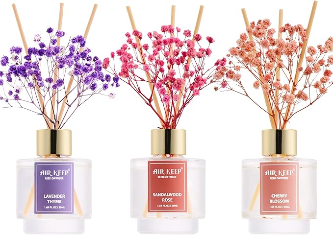 Airkeep Reed Diffuser Set of 3, Lavender Thyme Sandalwood Rose Cherry Blossom by Airkeep