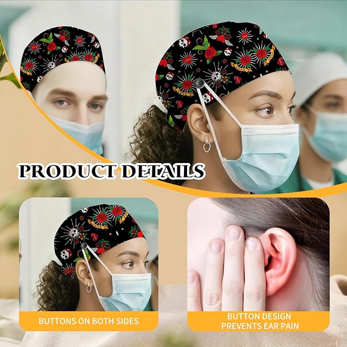 Adjustable Scrub Cap with Buttons & Sweatband, Working Hat with Elastic Tie Back - Image 6