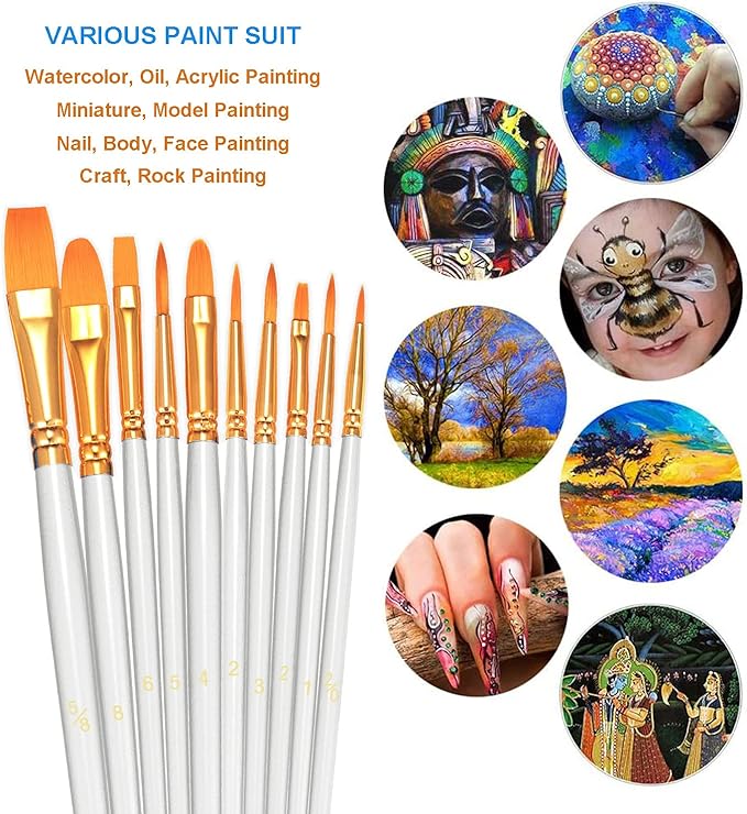 BOSOBO Paint Brushes Set, 6 Pack 60 Pcs Round Pointed Tip Paintbrushes Nylon - Image 3