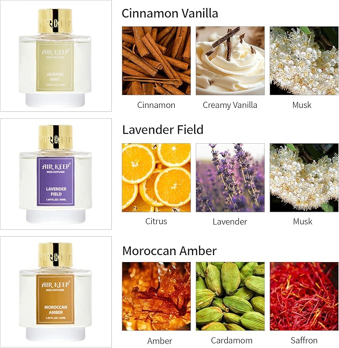 Airkeep Reed Diffuser Set of 3, Cinnamon Vanilla Lavender Field Moroccan Amber - Image 3