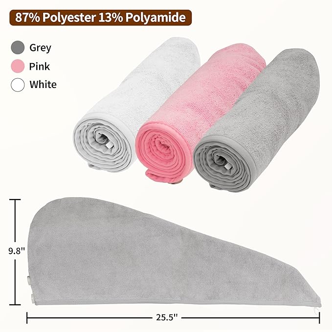 NEXCOVER Hair Towel Microfiber, 3 Pack White Grey Pink 9.8 inch X 25.5 inch - Image 4