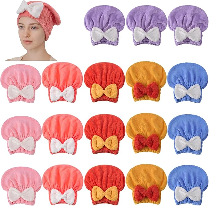 18 Pcs Hair Drying Caps with Cute Bow Fast Drying Soft and Absorbent Wet Hair by Unknown