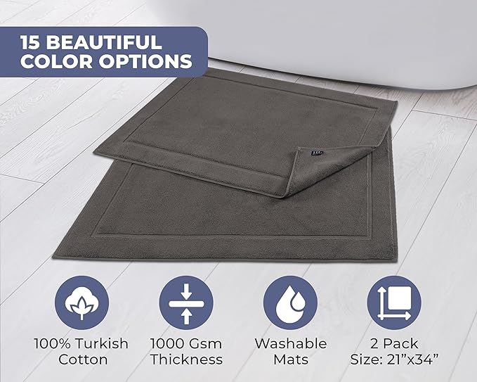 Hawmam Linen Cool Grey Bath Mats, 21 x 34 inches, Banded Design, Highly - Image 3