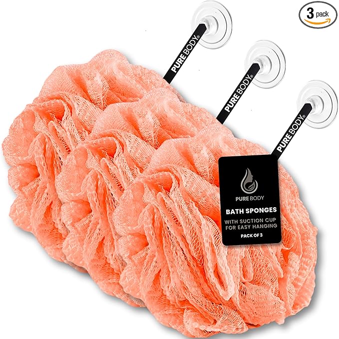 Large Coral Bath Sponge Pack of 3 – Gentle Exfoliation Loofahs by PureBody