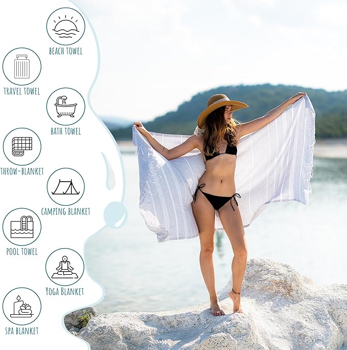 Ray Silver Turkish Beach Towel – 100% Cotton 40x71 Quick Dry Oversized Sand - Image 3