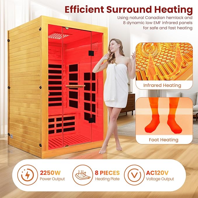 OUTEXER Infrared Sauna 2000W Wooden Saunas Home Spa Room Canadian Hemlock Wood - Image 2