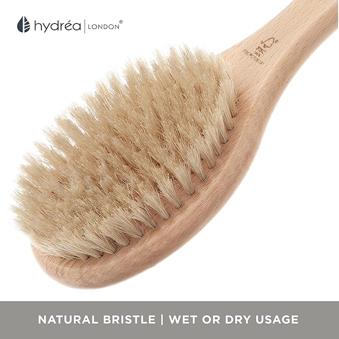 Hydrea London Body Brush Long Handled Exfoliating Back Scrubber, Natural Bristle - Image 4