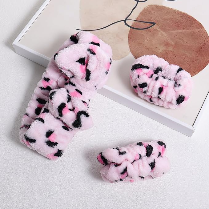Pink Leopard Print Plush Wash Face Headband Bowknot Cheetah Spa Hair Band Wrist - Image 6