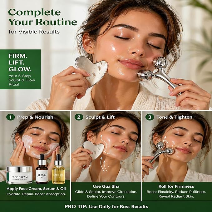 Stainless Steel 3D Face Roller Metal Facial Massager Face Sculpting Gua Sha - Image 8