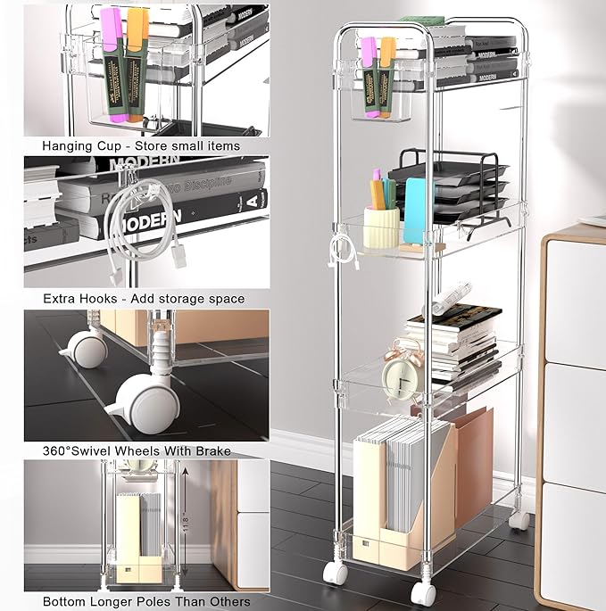 SPACEKEEPER Acrylic Rolling Storage Cart 4 Tier Clear Bathroom Cart Organizer - Image 3