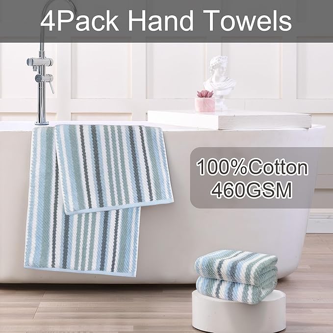 100% Cotton Blue Striped Hand Towels Set of 4, 16x27 Inches, Quick Dry & Highly - Image 4