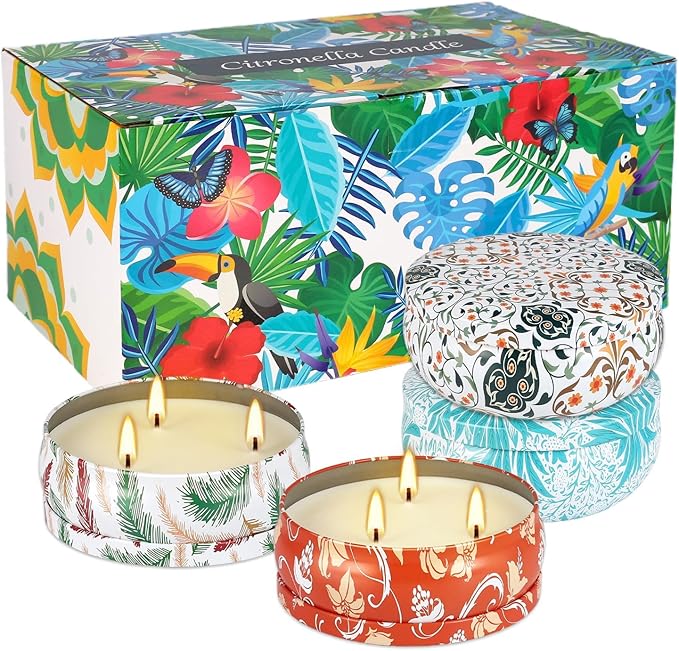 4-Pack Citronella Candle Set in Decorative Tropical Flower Tin Boxes - Image 9