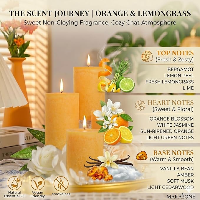 Orange Lemongrass Scented Pillar Candles 4 Pack, 60 Hours Long Lasting Burn - Image 3