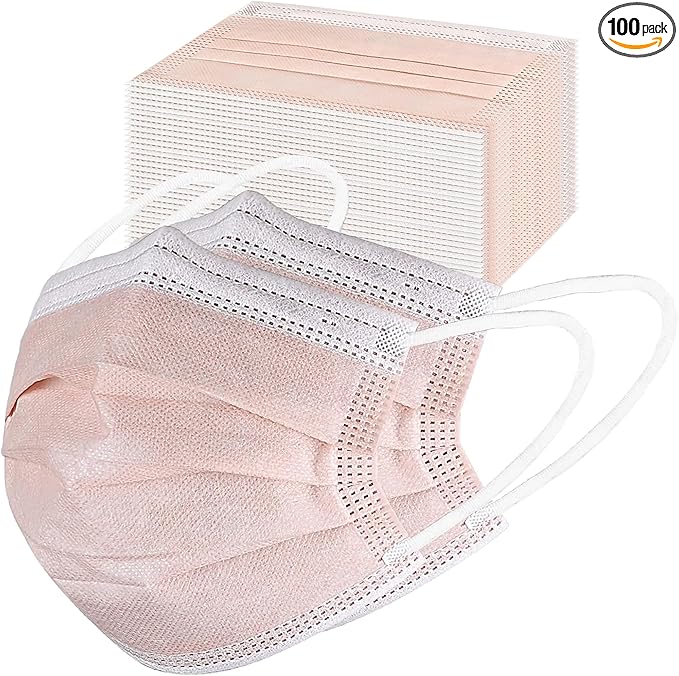 akgk Disposable Face Masks 100Pcs, 3 Layer Protective Face Mask Blush Pink Face by akgk