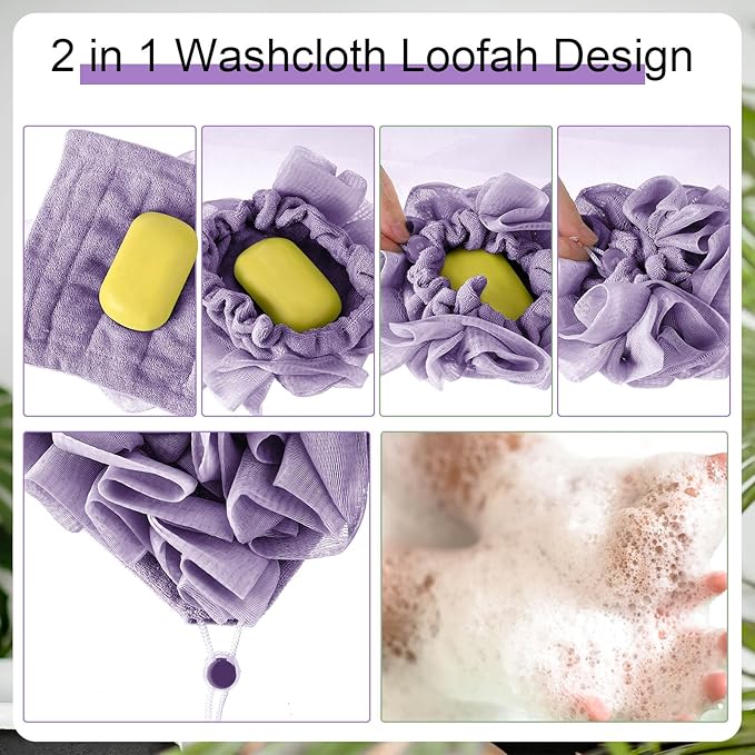 3 Pcs Washcloth Loofah Combo, 2 in 1 Bath Loofah Sponge - Image 2
