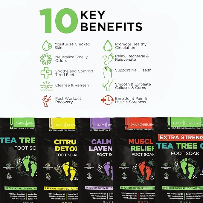 DAILY REMEDY Foot Soak Salts- Variety Pack of 4- Tea Tree Oil, Muscle Relief - Image 4