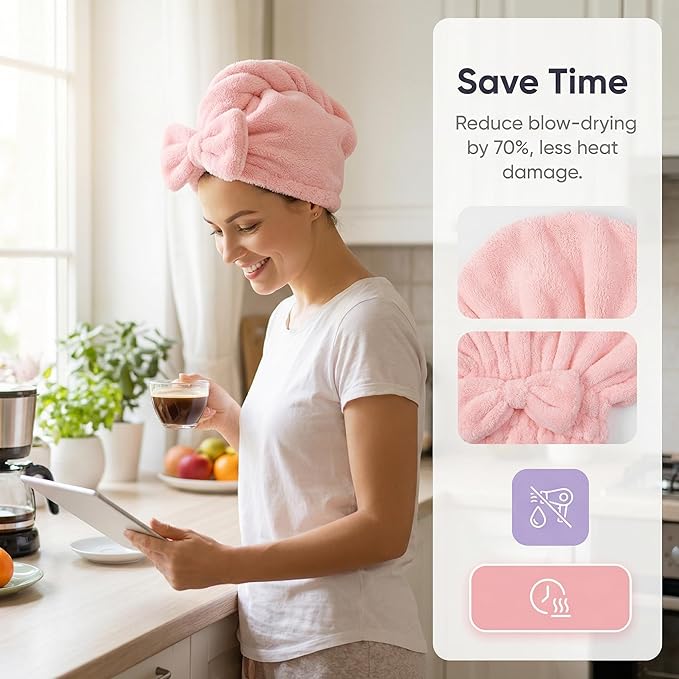 Cute Bow Microfiber Hair Towel for Girls, Quick Drying Hair Turban for Women - Image 3