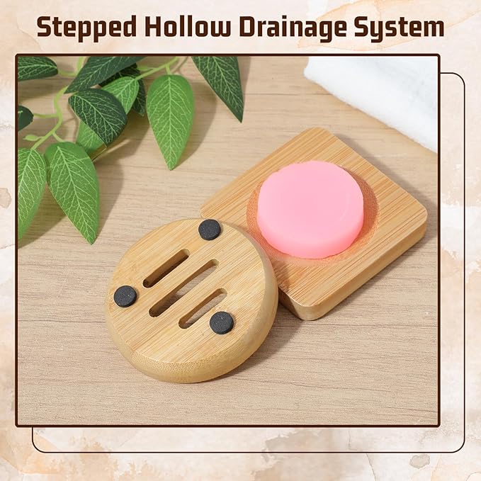 Ymapinc 2-Pack Natural Bamboo Soap Holder, Round+Square Bamboo Soap Dish & - Image 6
