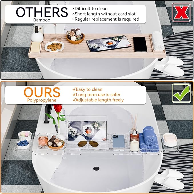 Yieach Luxury Clear Bathtub Shelf Across Tub, Expandable Plastic Bathtub Tray - Image 5
