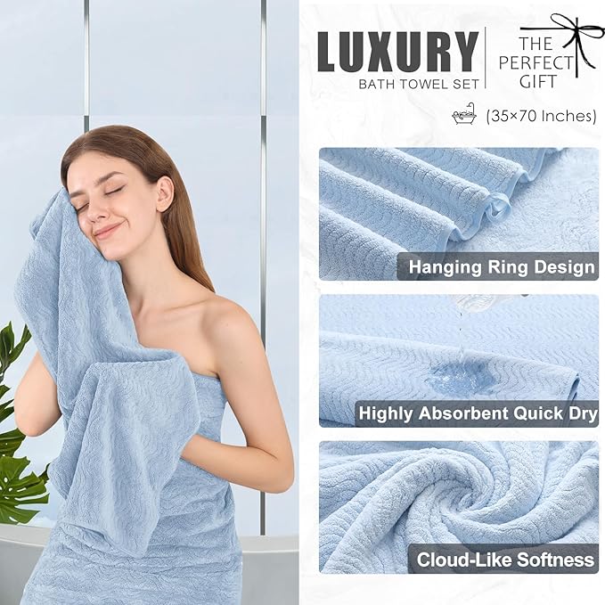8 Piece Bath Towel Set Blue|2 Oversized Large Bath Sheet, 2 Hand Towels - Image 3