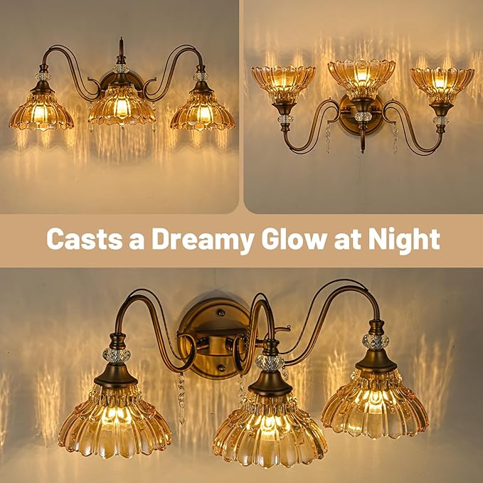 Vintage Bathroom Vanity Light, 3-Light Matte Antique Brass Finish Wall Sconce - Image 7