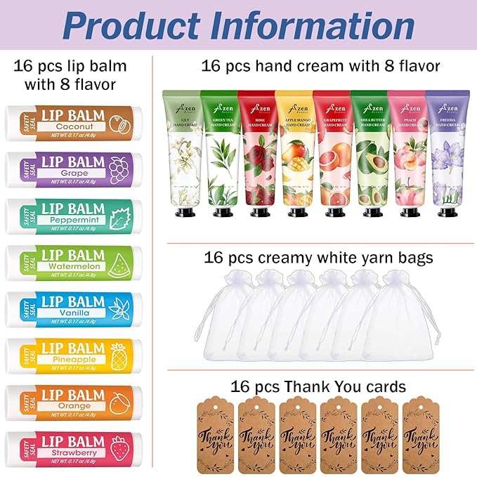AZEN 16 Sets Bulk Gifts, Hand Cream and Lip Balm Bulk Set - Image 2