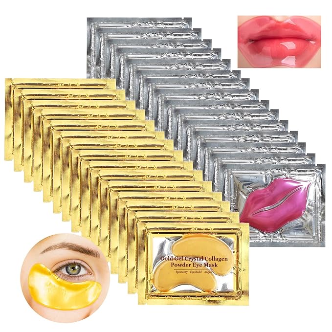 Permotary 30 Pairs 24K Gold Eye Masks & Lip Mask, Under Eye Patches and Lip Pads by Permotary
