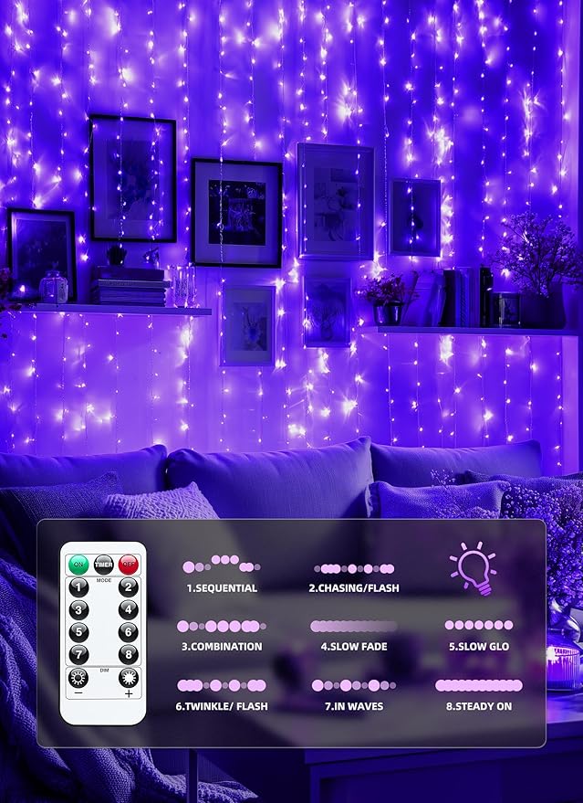 Brightown 300 LED Purple Fairy Curtain Lights, 9.8ft x 9.8ft String Lights - Image 5