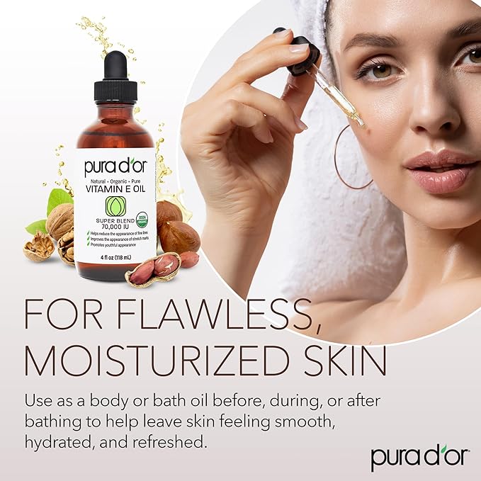 PURA D'OR 4 Oz Organic Vitamin E Oil 70, 000 IU, USDA Certified Face, Hair & - Image 5