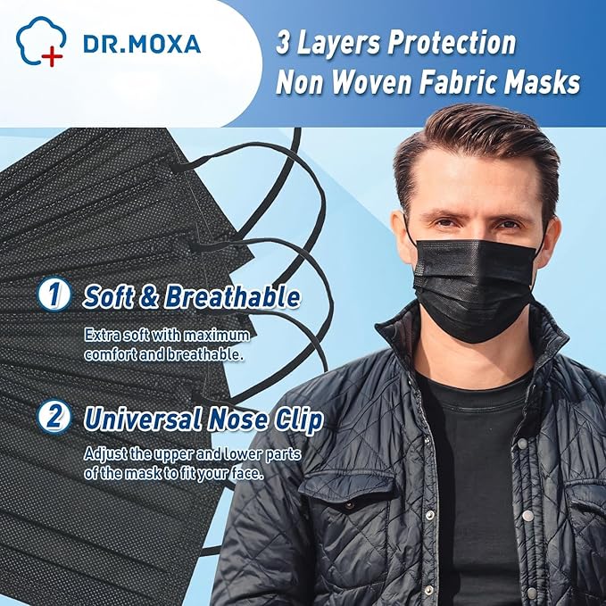 DR.MOXA 1000Pcs Black Disposable Medical Face Mask 3-Ply Protection Face Mask - Image 4