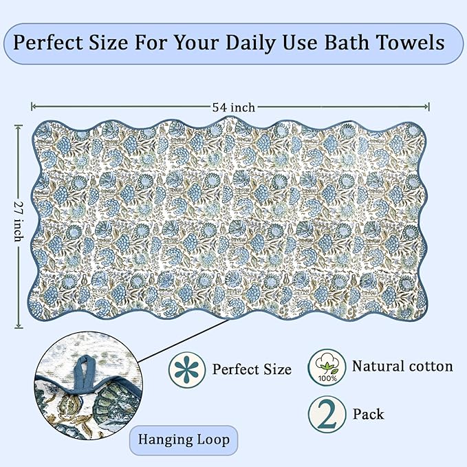 Ridhi Asparagus Green Hand Block Print Waffle Scallope Cotton Bath Towel Set of - Image 4