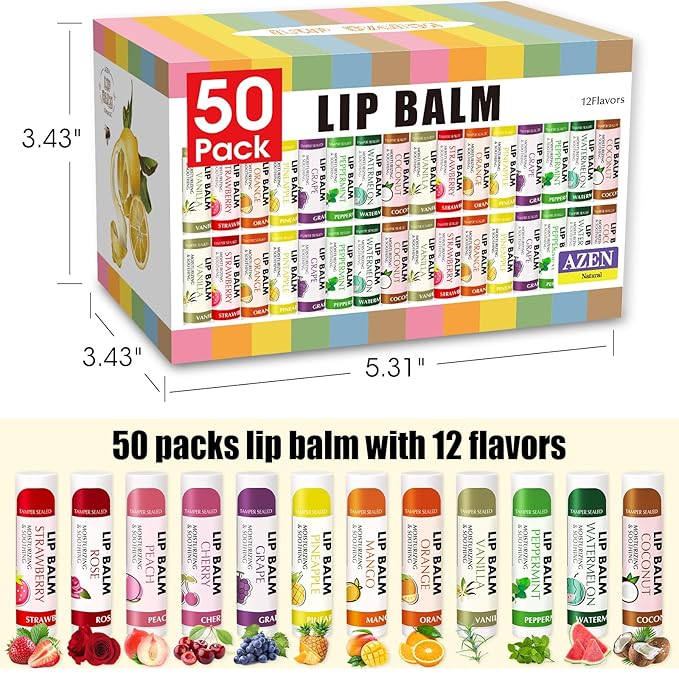 AZEN 50 Pack Lip Balm Bulk, Moisturizing Lip Balms - Image 8