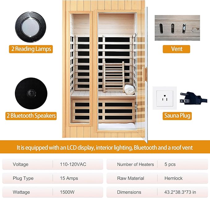 2 Person Sauna, Low EMF Far Infrared Sauna, 1500W Hemlock Wood Sauna Indoor - Image 6