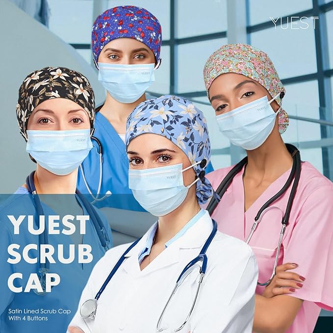 Satin Lined Scrub Caps with Buttons & Sweathand, Surgical Caps - Image 3