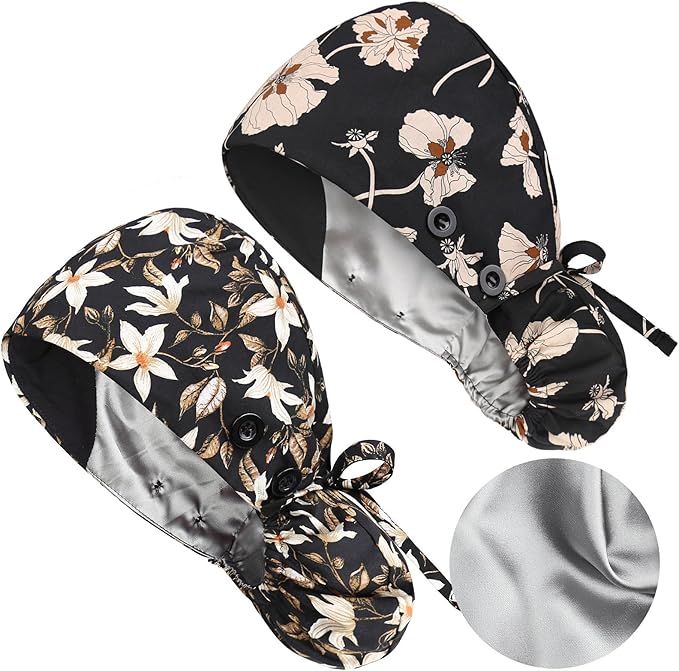 Satin Lined Scrub Caps with Buttons & Sweathand, Surgical Caps by Yuest
