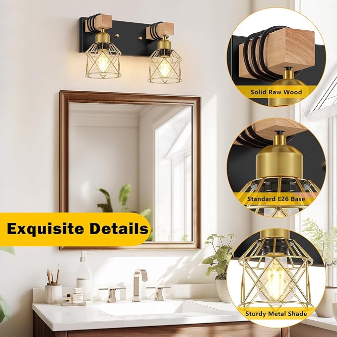 FadimiKoo Rustic Style Wood Bathroom Wall Sconces, 2-Light Black Gold Bathroom - Image 3