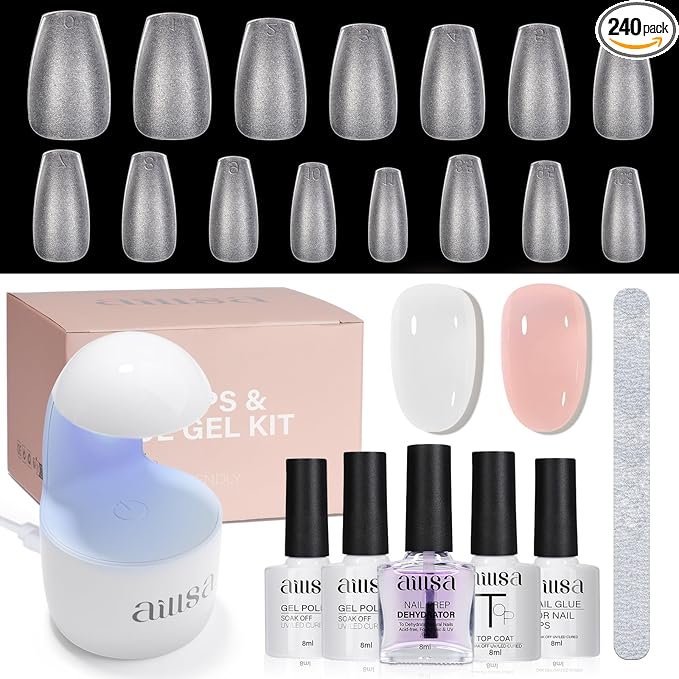 AILLSA Nail Tips and Glue Gel Kit Short Coffin Nail Tips 240pcs by AILLSAGELPOLISH