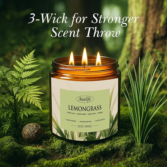 Lemongrass Scented Candle | 3-Wick Jar Candle - 12oz Natural Soy Wax - - Image 3