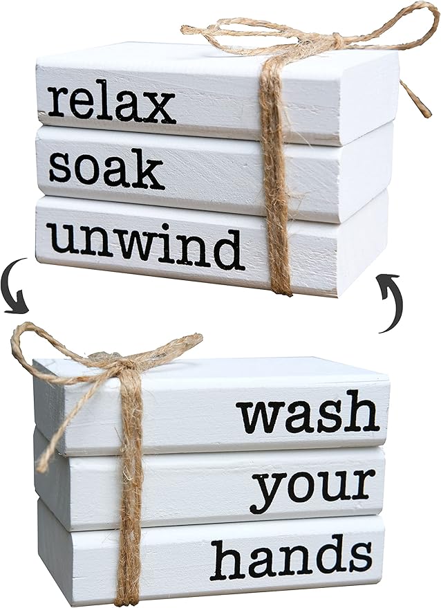 Farmhouse Mini Bookstack for Bathroom Decor Wooden Books for Restroom Shelf by LIVDUCOT